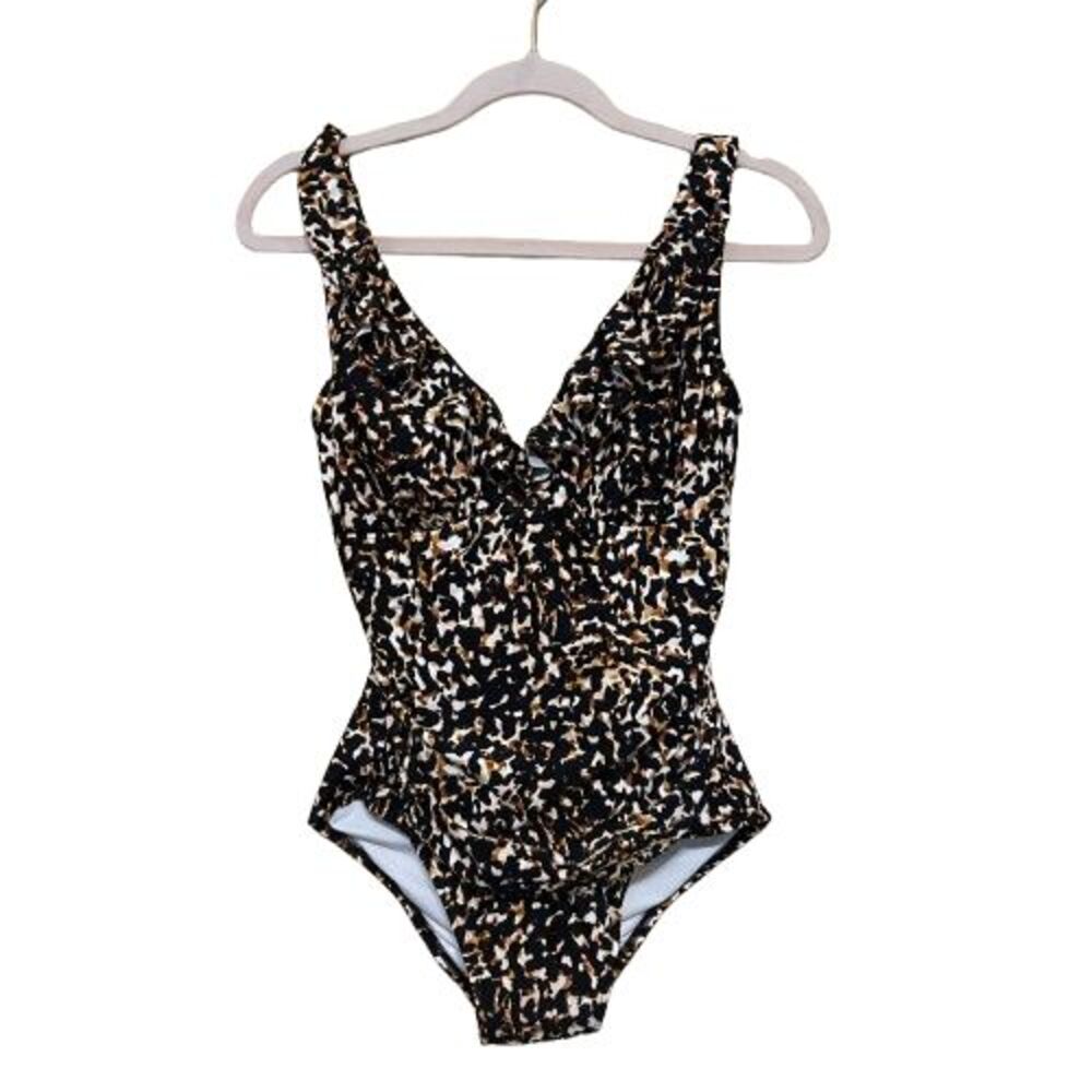 NWOT DKNY One Piece Swimsuit Womens Size 10 Leopard Print Ruched Tummy Control